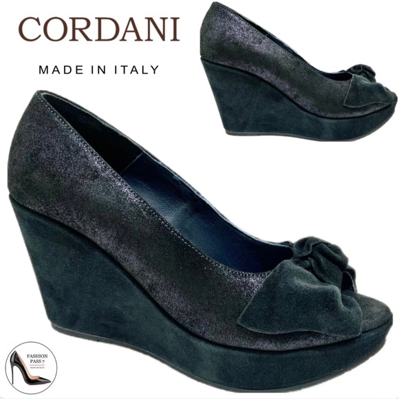 Cordani Roselyn Metallic Navy Blue Leather Platform Shoes Suede Wedge Pumps 37